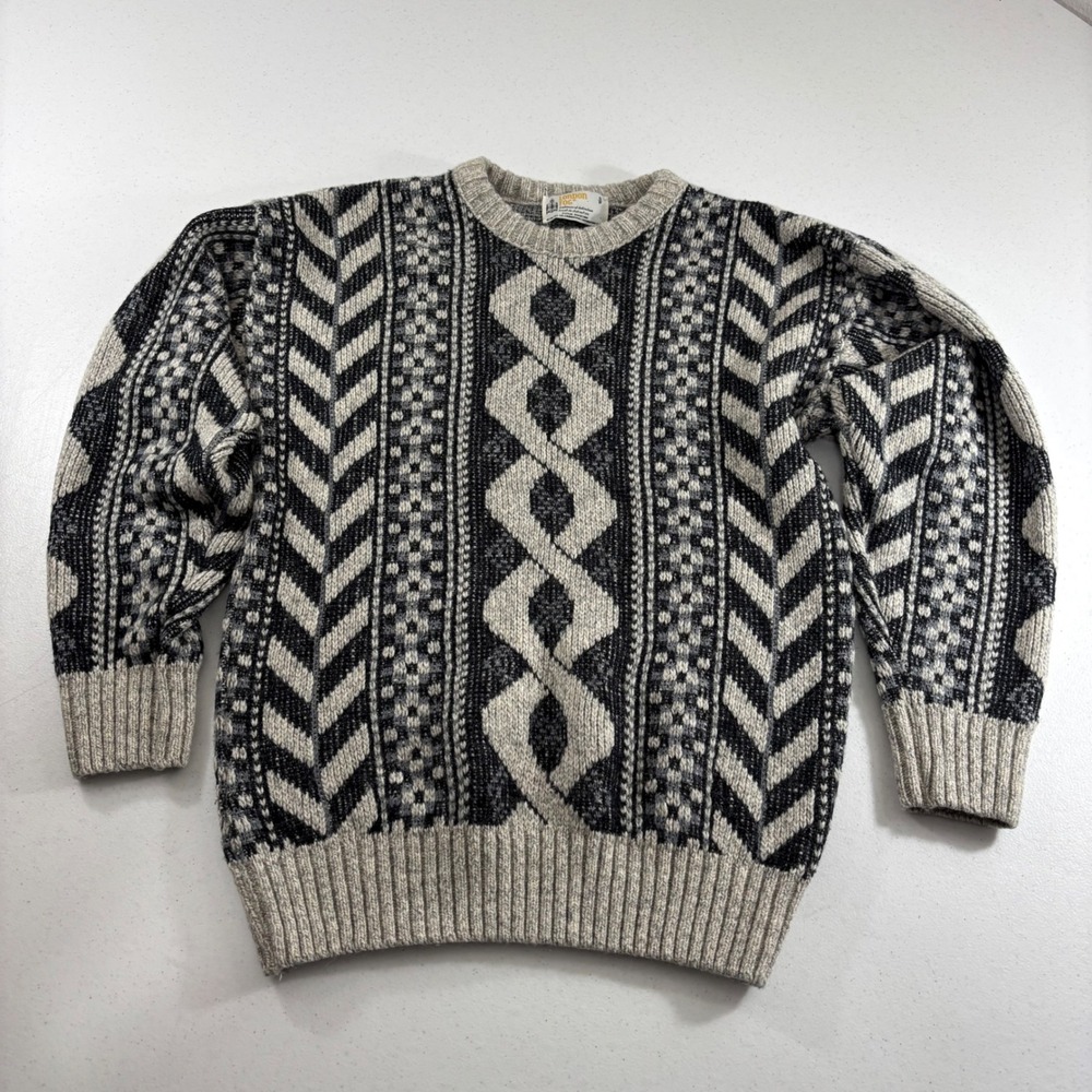 London Fog Vintage Mens Grey Black Geometric Wool Blend Crewneck Sweater Small